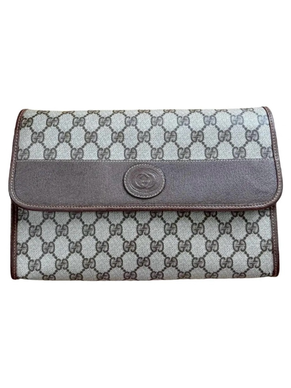 Authentic Vintage Gucci Brown Monogram Canvas Leather Flap Crossbody Clutch Bag
